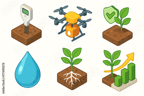 Smart farming icons: sensors, drones, irrigation, plant growth, data analysis