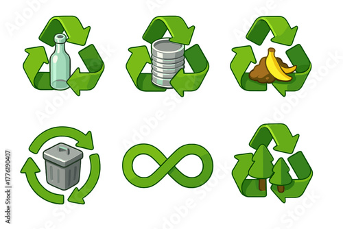 Environmental icons: recycling symbols for glass, cans, compost, trash, infinity, trees