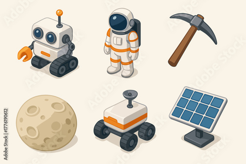 Space exploration icons: astronaut, rover, robot, moon, pickaxe, solar panel