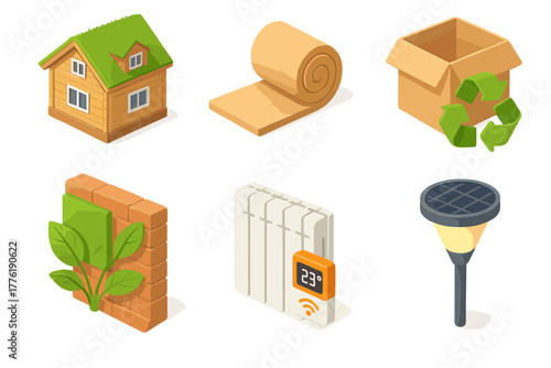 Sustainable home elements: energy-efficient roof, insulation, recycled packaging, green wall, smart thermostat, solar lamp