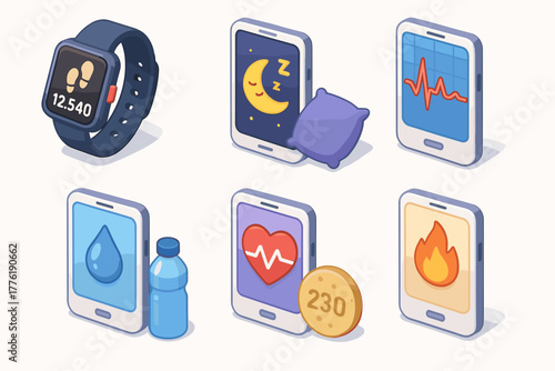 Isometric fitness and health icons featuring smartwatch and smartphone apps