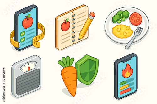 Healthy living icons: diet, exercise, meal planning, hydration, fitness