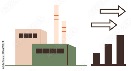 Industrial building with two chimneys next to bar chart and arrows representing growth, efficiency, progress, sustainability, production, business strategy, and success simple flat metaphor