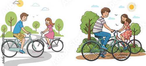 Couple riding bicycles in scenic park and forest trail, outdoor cycling leisure, healthy lifestyle, nature adventure, summer activity, friendship, relaxation