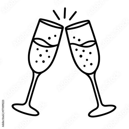 Champagne glasses clinking in celebration, festive toast, minimalistic design