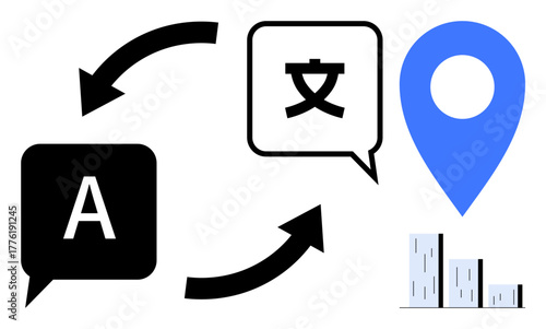 Two speech bubbles with language characters connected by arrows, blue map pin, and bar chart. Ideal for translation, localization, global business, communication, app development, language learning