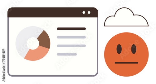 Data visualization in browser window with pie chart and text, orange neutral face, cloud shape. Ideal for analytics, emotions, decision-making, mood tracking, feedback cloud computing minimalism. A