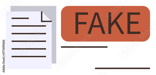 Paper document overlaid with bold FAKE text in a red box. Ideal for fraud detection, misinformation awareness, document validation, legal issues, counterfeit prevention, verification processes