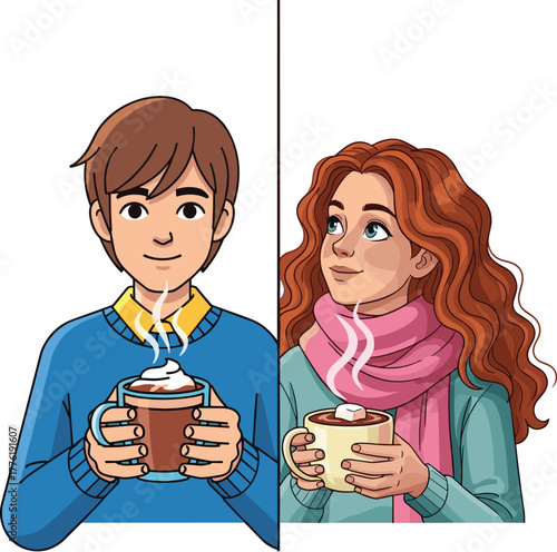 Cozy winter couple enjoying hot chocolate with whipped cream and marshmallows, festive holiday warm drinks illustration for seasonal vector design