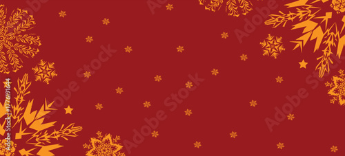 Elegant Red Christmas Background with Gold Hanging Ornaments and Snowflakes
