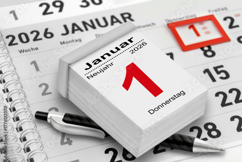 Deutscher Kalender Datum 1. Januar 2026 Neujahr  Donnerstag