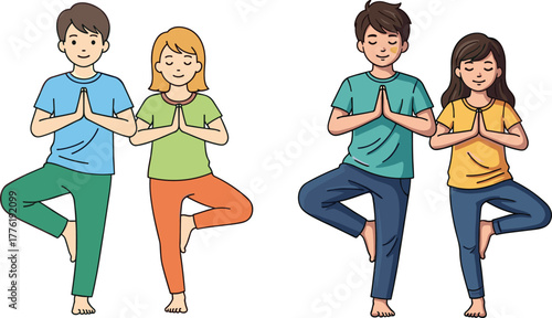 Diverse group practicing yoga tree pose together, balanced meditation exercise, mindfulness training, wellness lifestyle, multicultural harmony, fitness illustration, healthy living