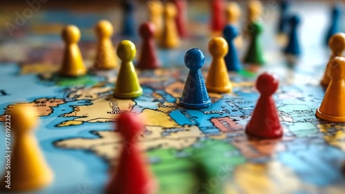 Game pieces poised on world map