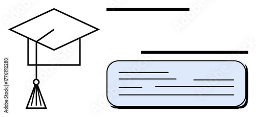 Graduation cap and diploma outline reflect education, accomplishment, and learning recognition. Ideal for education, graduation, learning goals, certification, academic success, career goals simple