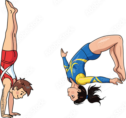 Dynamic gymnastics vector illustration of male handstand and female tumbling flip, athletic performance, strength, flexibility, acrobatics, sports competition scene