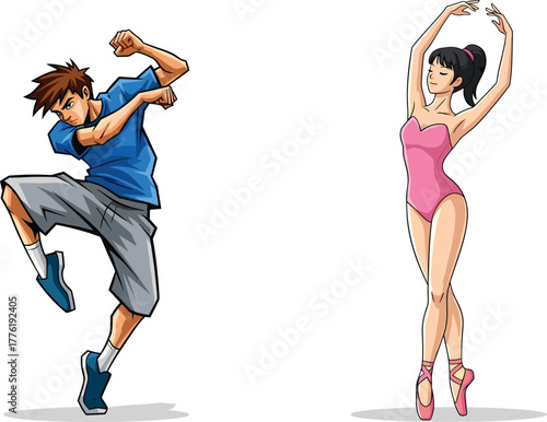 Dynamic hip hop dancer and graceful ballerina performing contrasting dance styles, modern street movement meets classical ballet elegance in vibrant vector illustration