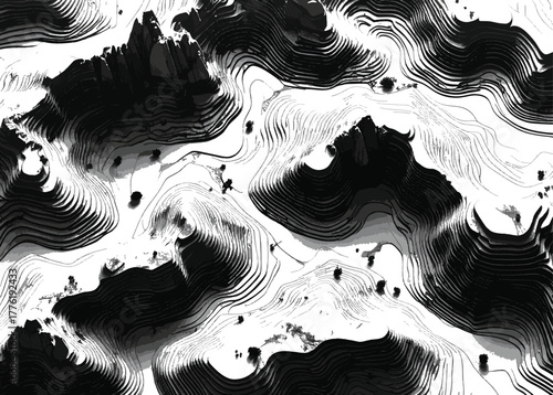 Abstract Topographic Map with Black and White Contour Lines and Shadows Keywords: abstract, topography, map, contour