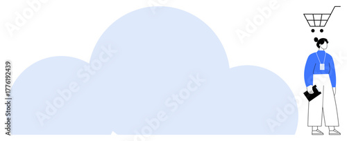 Woman holding a bag, head with a shopping cart icon, and large blue cloud. Ideal for e-commerce, retail, cloud technology, marketing, online shopping innovation digital platforms. Simple flat