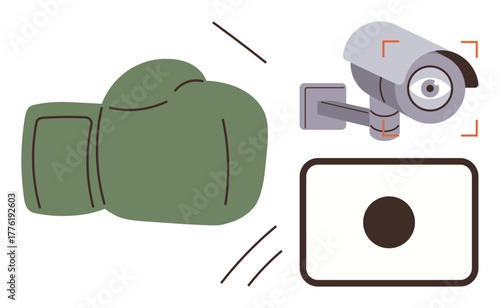 Green boxing glove striking surveillance camera with focus lines and adjacent screen icon. Ideal for privacy breach, security risks, technology impact, conflict, resistance, law enforcement, simple