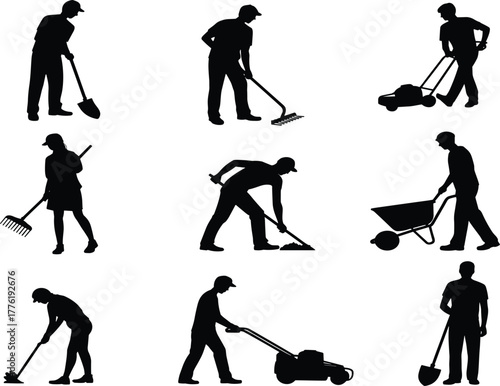 Gardening silhouette, yard work icon, black graphic, vector illustration, outdoor maintenance, landscaping task, shovel, rake, lawnmower, broom, wheelbarrowGardening silhouette,