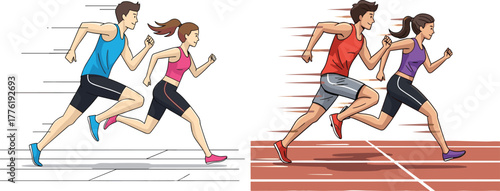 Dynamic male and female runners sprinting in competition, showcasing athletic performance, speed, fitness training, sports energy, and competitive track race illustration
