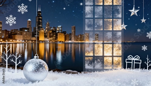 Charming winter cityscape scene with snowflakes and Christmas ornaments creating a festive holiday atmosphere