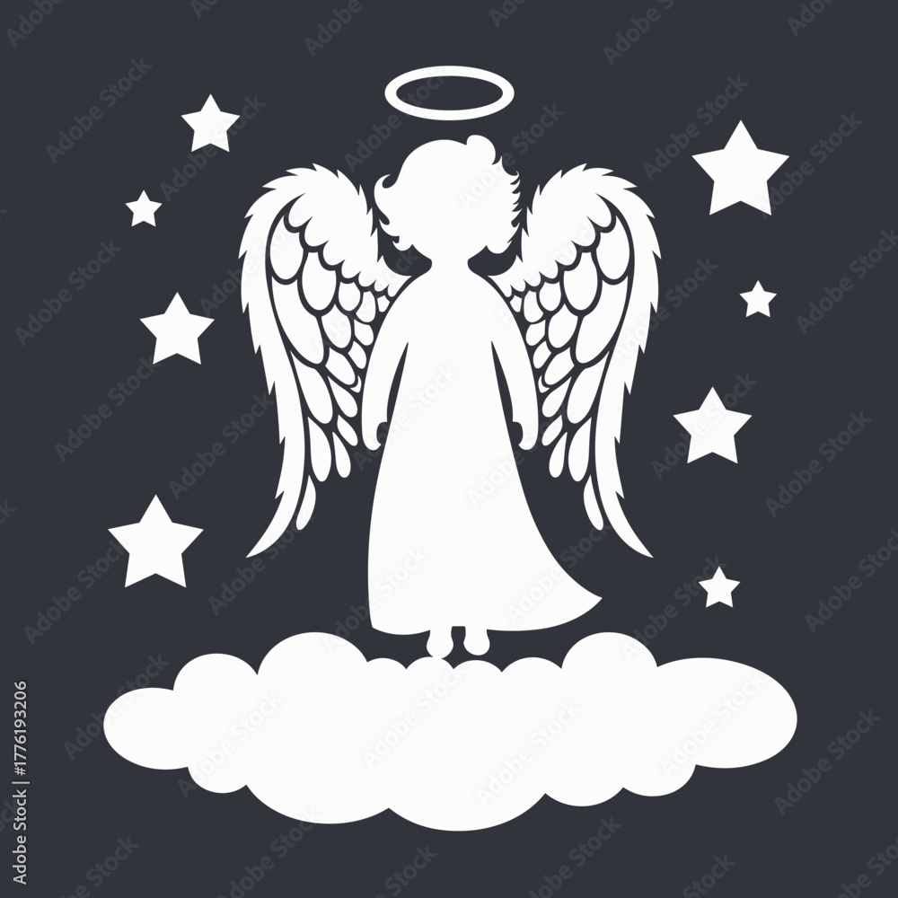 Fototapeta premium Angel silhouette standing on cloud under stars – Suitable for Christmas themes, spiritual art, or celestial illustration projects