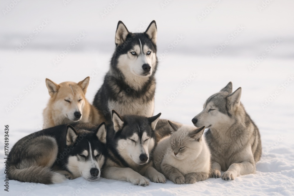 Fototapeta premium Group of huskies and a cat resting together on snow outdoors
