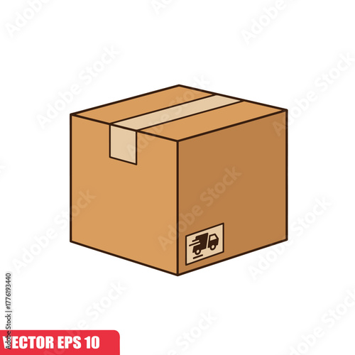 A cartoon-style illustration of a sealed cardboard box, featuring brown tape and a small icon of a shipping truck.