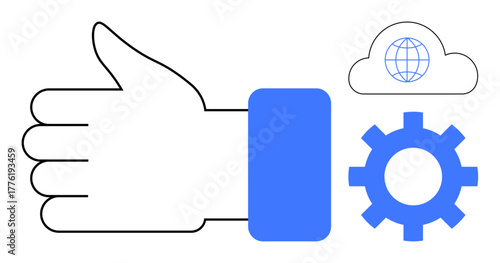 Hand showing thumbs-up gesture beside a cloud with a globe and gear, symbolizing global communication, technology, progress, innovation, teamwork, approval. Ideal for connectivity, teamwork support
