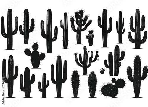 Collection of Black Silhouette Cacti and Succulents on White Background Keywords: cactus, cacti, succulent, desert