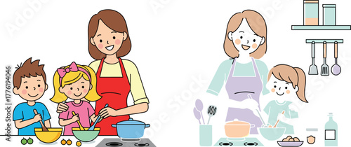 Family cooking together in kitchen illustration with parents and children preparing food, teamwork, bonding, learning, happiness, lifestyle, domestic activity