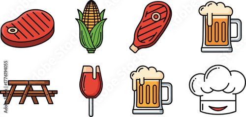 Set of Colorful Cartoon BBQ, Grilling, and Picnic Food Icons Vector Illustration