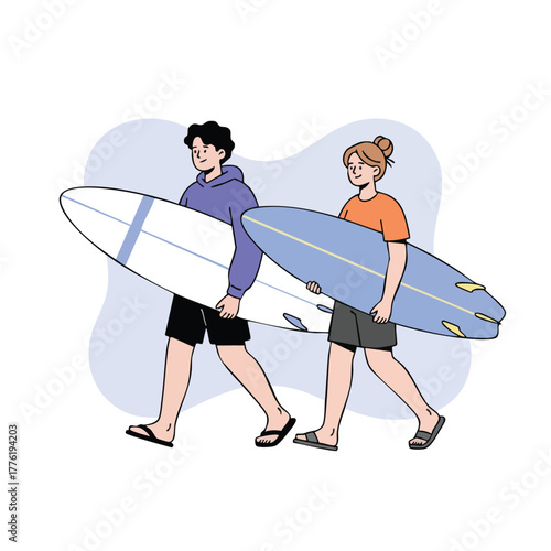 Young Couple Walking and Carrying Surfboards, Outline Vector Illustration