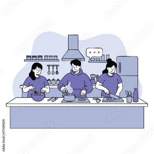 Flat illustration of three people cooking together in a modern kitchen, preparing food and collaborating on a meal