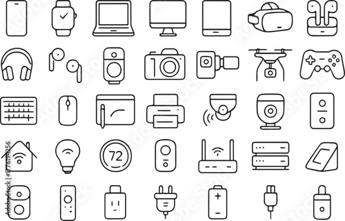 Vector collection of thirty five black and white smart home technology and automation related doodle style icons