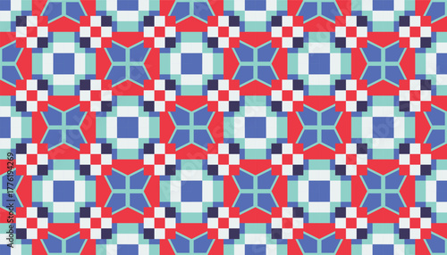 Abstract geometric seamless pattern with red, blue, and turquoise shapes forming intricate lattice and square motifs. Modern vector background for textile, wallpaper, and digital design