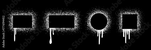 Spray paint frames with dripping ink effect in square, circle, and rectangle shapes. Grunge stencil borders in black with scattered spray texture. Urban graffiti style vector illustration.
