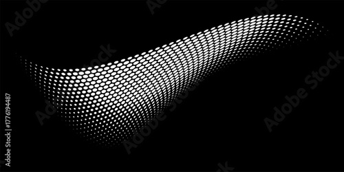 Abstract dotted wave. Halftone curved shape in white color isolated on black background. Curved and twisted gradients form. Trendy graphic vector illustration.