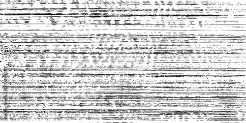 Grunge horizontal lines texture background. Distressed black scratch pattern resembling static noise or wood grain. Vintage TV glitch effect. Vector illustration.