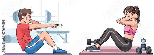 Fitness man and woman doing sit up exercise in gym with equipment, workout training, healthy lifestyle, strength, endurance, abdominal core