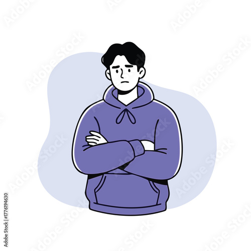 Serious young man wearing a purple hoodie standing with his arms crossed, expressing worry or frustration