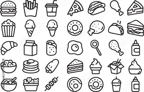 Neon style icons depicting various wok dishes with noodles, shrimps, vegetables, and meat, ideal for restaurant menus and food related businesses