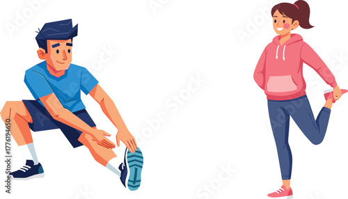 Fitness stretching exercise illustration, man and woman performing hamstring and quadriceps stretches, healthy lifestyle vector art, workout training concept design