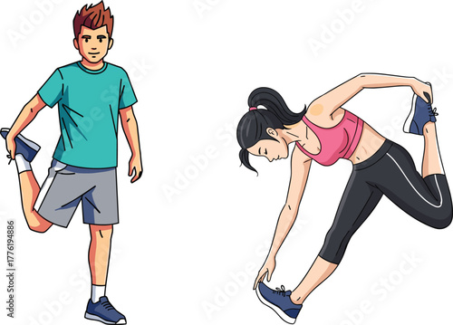 Fitness stretching exercises with man and woman athletes, warm up routine, flexibility training, healthy lifestyle, sports activity, vector illustration design