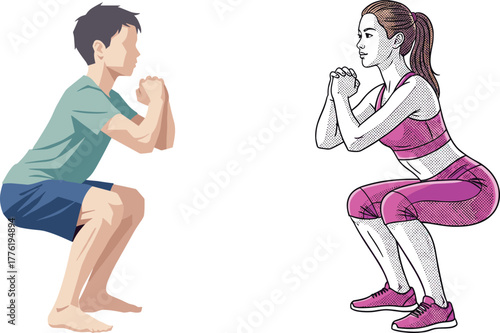Fitness squat exercise illustration showing realistic and comic style athletes demonstrating proper squat form, strength training, workout technique, and healthy lifestyle.