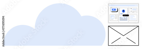 Large cloud with data dashboard and email envelope symbolizing information storage, analytics, and communication. Ideal for technology, data management, cloud services, email systems, analytics