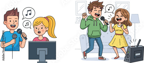 Friends singing karaoke at home and party, joyful kids with microphones, music entertainment, fun activity, living room celebration illustration vector