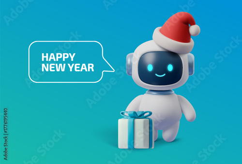 Cute 3D AI robot in Christmas hat holding gift and sending New Year message. Friendly digital chatbot mascot on blue background smart tech illustration of holiday celebration and innovation