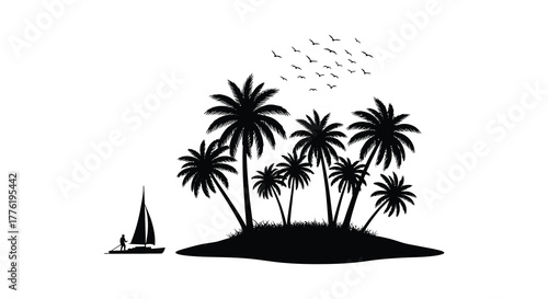 Silhouette of a tropical island with palm trees and a sailboat on a calm sea under a flock of birds